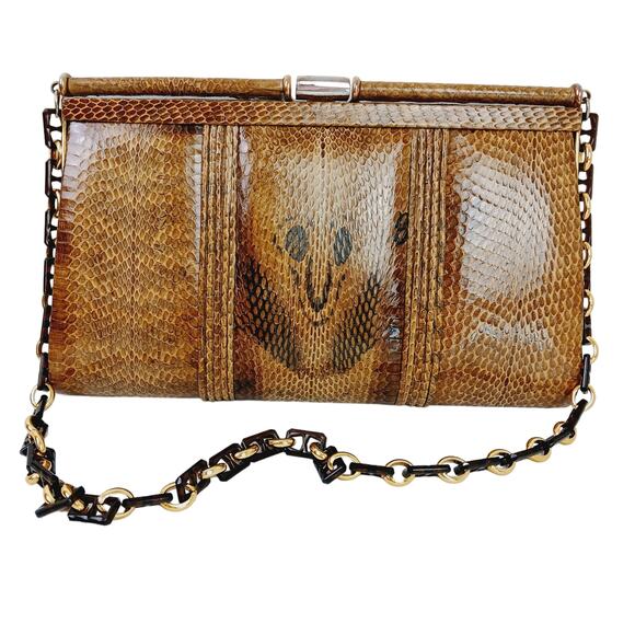 Vintage Genuine Snakeskin Clutch Purse With Chain Brown Cobra Head Markings - Picture 2 of 10